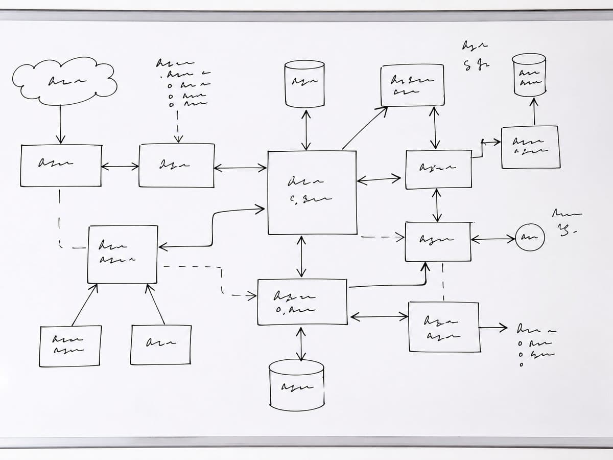 Whiteboard mit einer Systemskizze aus Kästen und Pfeilen