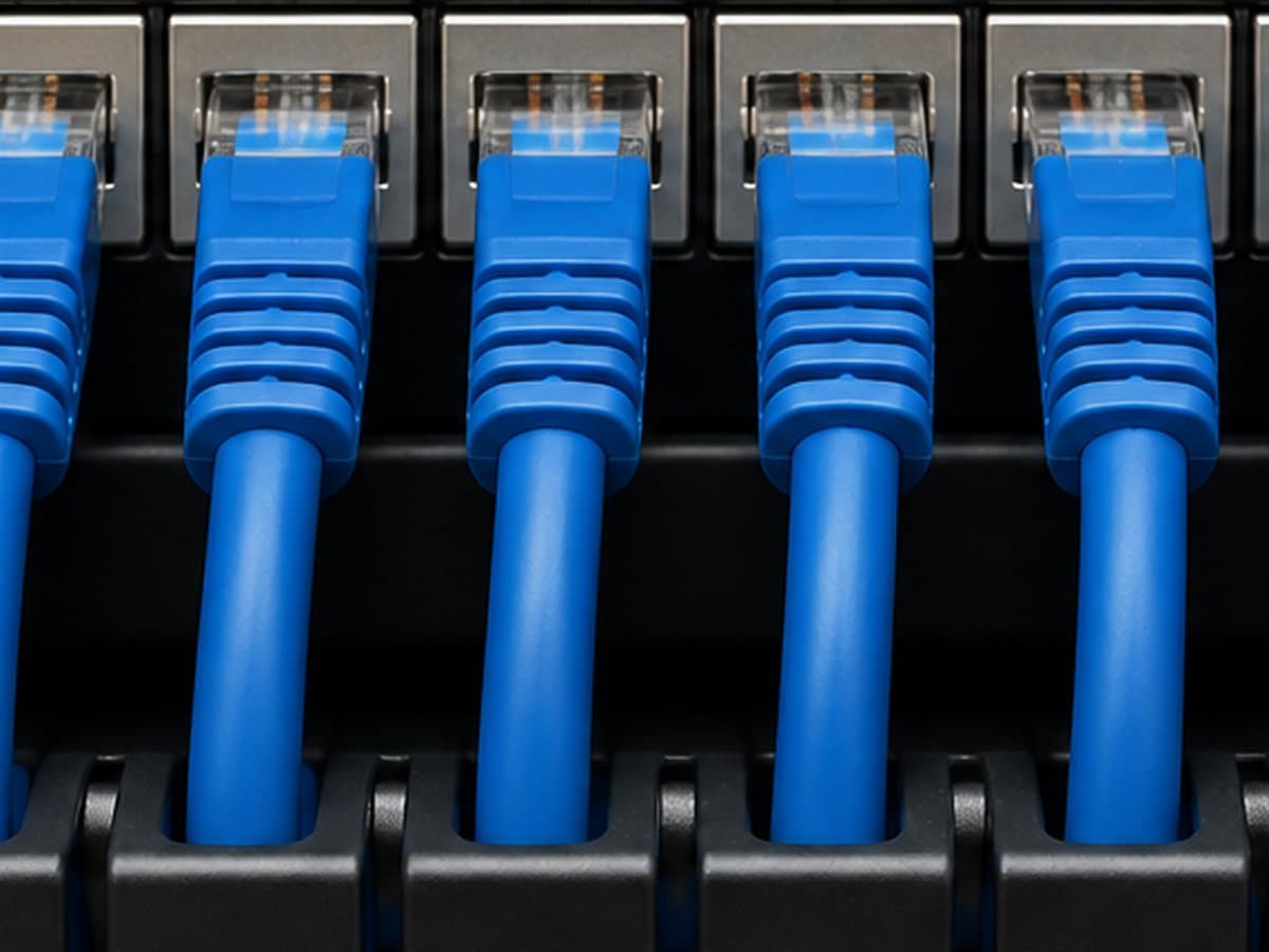 Nahaufnahme geordneter Netzwerkkabel an einem Patchfeld