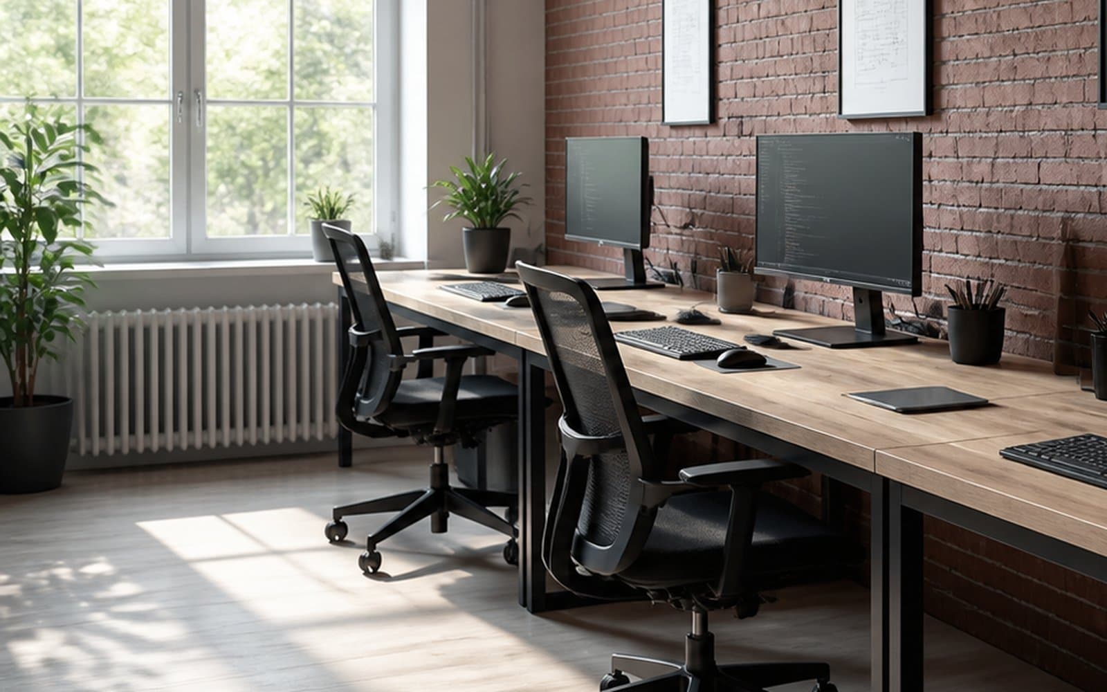 Arbeitsraum mit langer Tischplatte, Bildschirmen und Backsteinwand